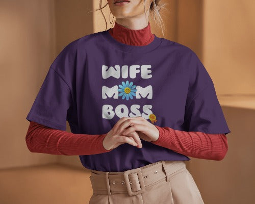 WIFE MOM BOSS | Round Neck Half Sleeve Oversized Classic T-Shirt | Boyfriend T-shirt