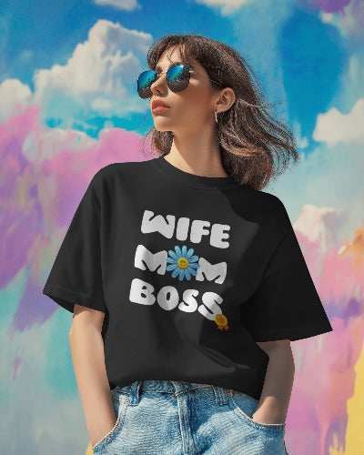 WIFE MOM BOSS | Round Neck Half Sleeve Oversized Classic T-Shirt | Boyfriend T-shirt
